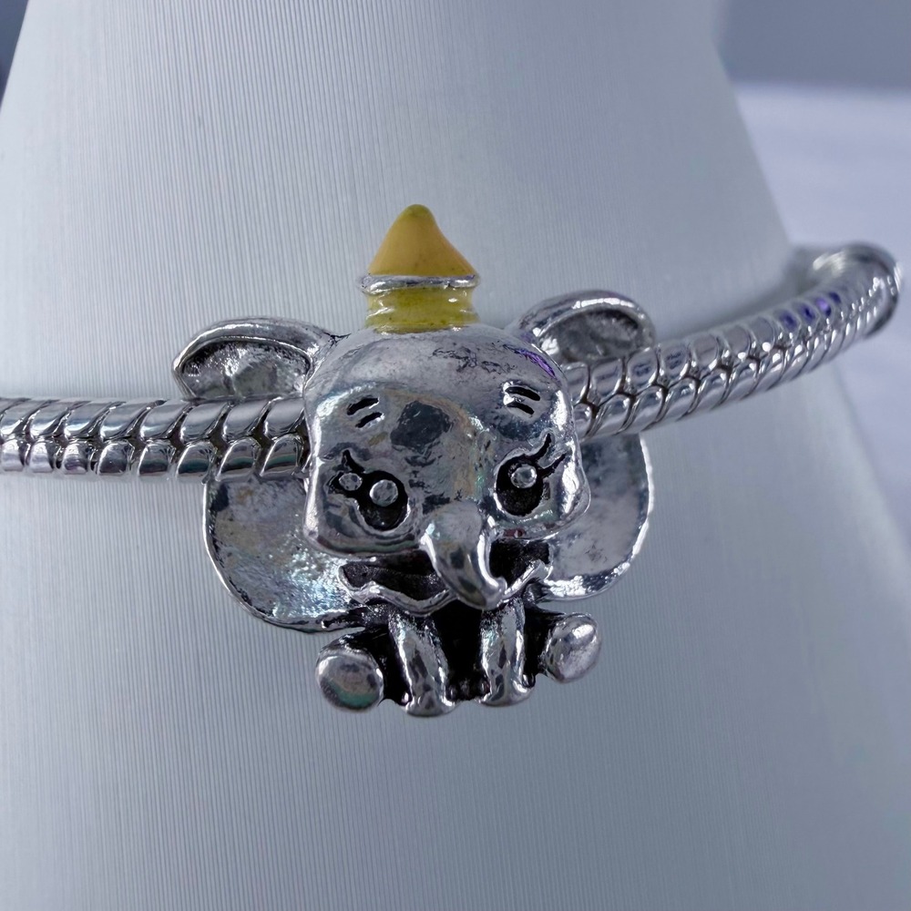 Silver Elephant Bead Charm Fits Snake Chain Bracelet Yellow Hat Animal Jewelry - Picture 7 of 10
